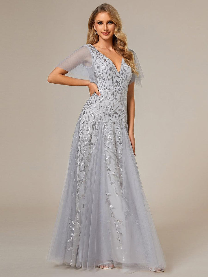 Adèle|Robe de Soirée Longue Romantique et Scintillante à Col V et Pailletes