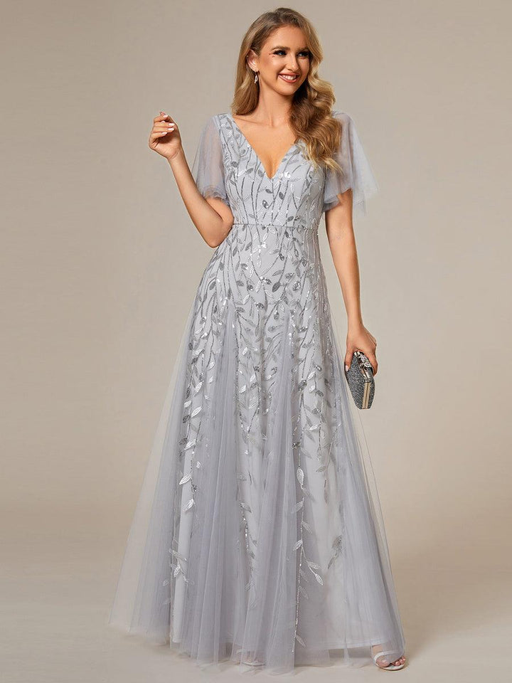 Adèle|Robe de Soirée Longue Romantique et Scintillante à Col V et Pailletes