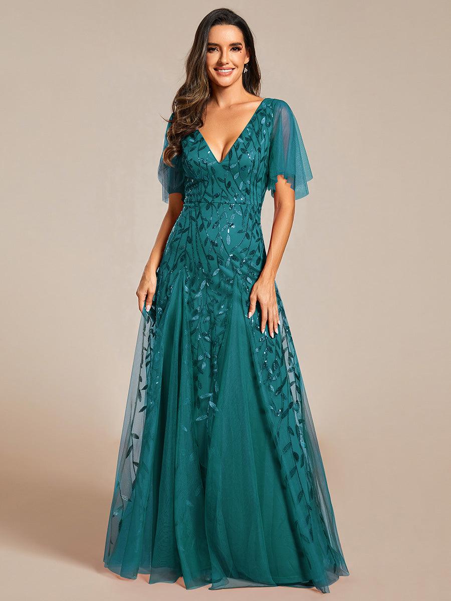 Adèle|Robe de Soirée Longue Romantique et Scintillante à Col V et Pailletes