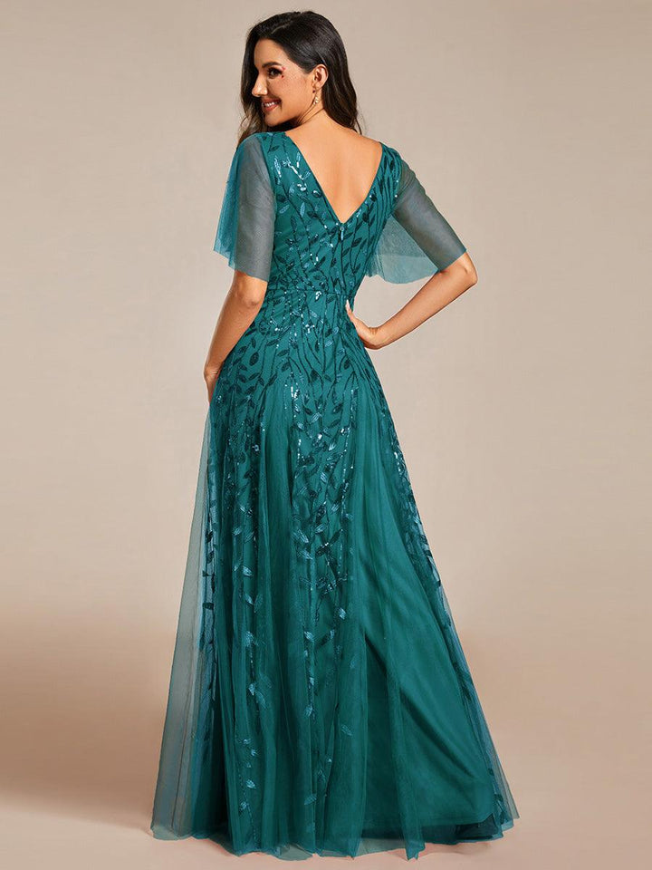Adèle|Robe de Soirée Longue Romantique et Scintillante à Col V et Pailletes