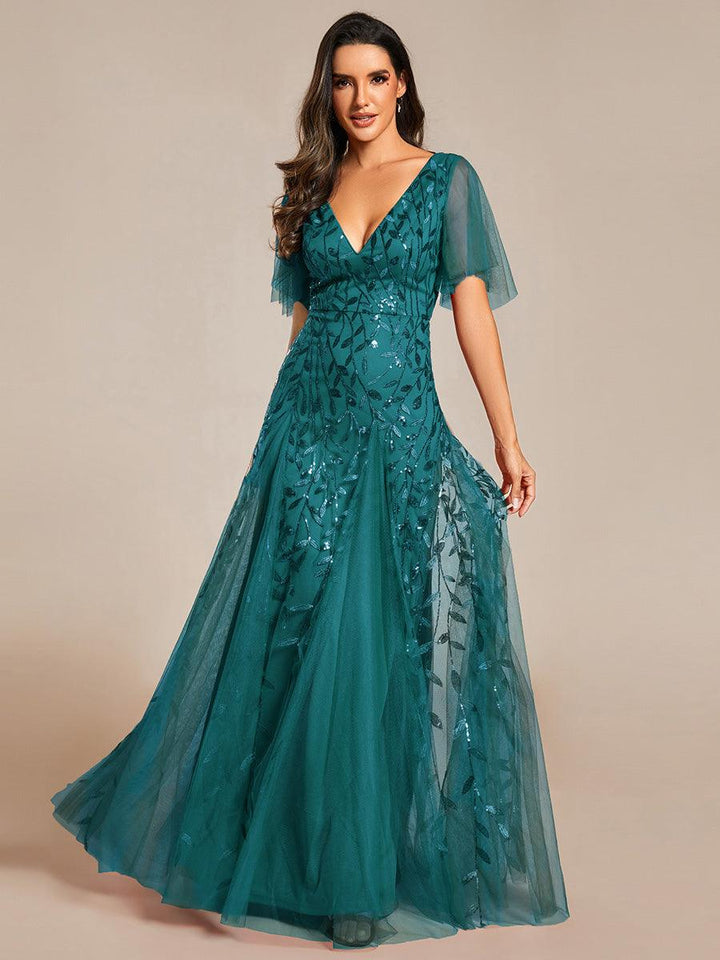 Adèle|Robe de Soirée Longue Romantique et Scintillante à Col V et Pailletes