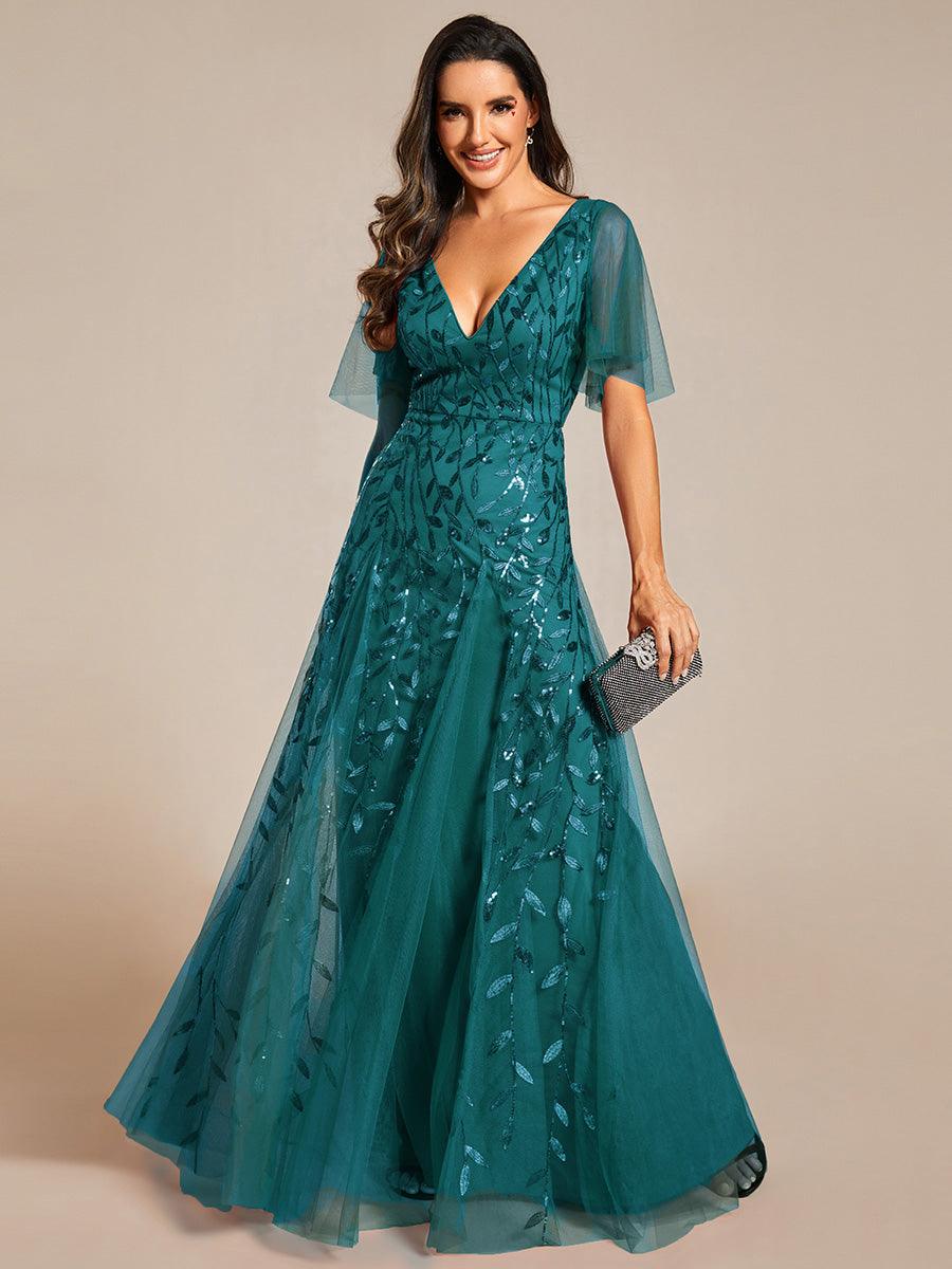 Adèle|Robe de Soirée Longue Romantique et Scintillante à Col V et Pailletes
