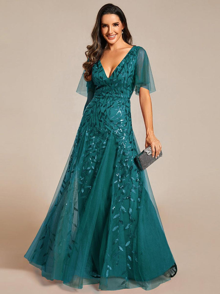 Adèle|Robe de Soirée Longue Romantique et Scintillante à Col V et Pailletes