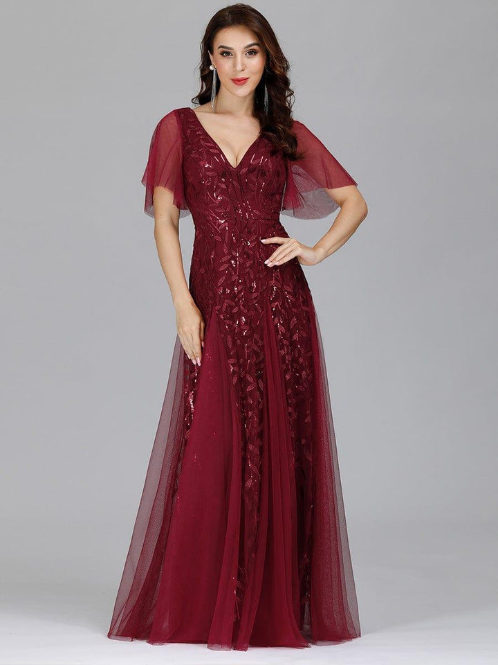 Adèle|Robe de Soirée Longue Romantique et Scintillante à Col V et Pailletes