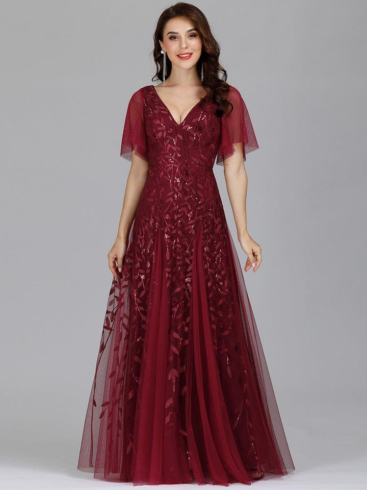 Adèle|Robe de Soirée Longue Romantique et Scintillante à Col V et Pailletes