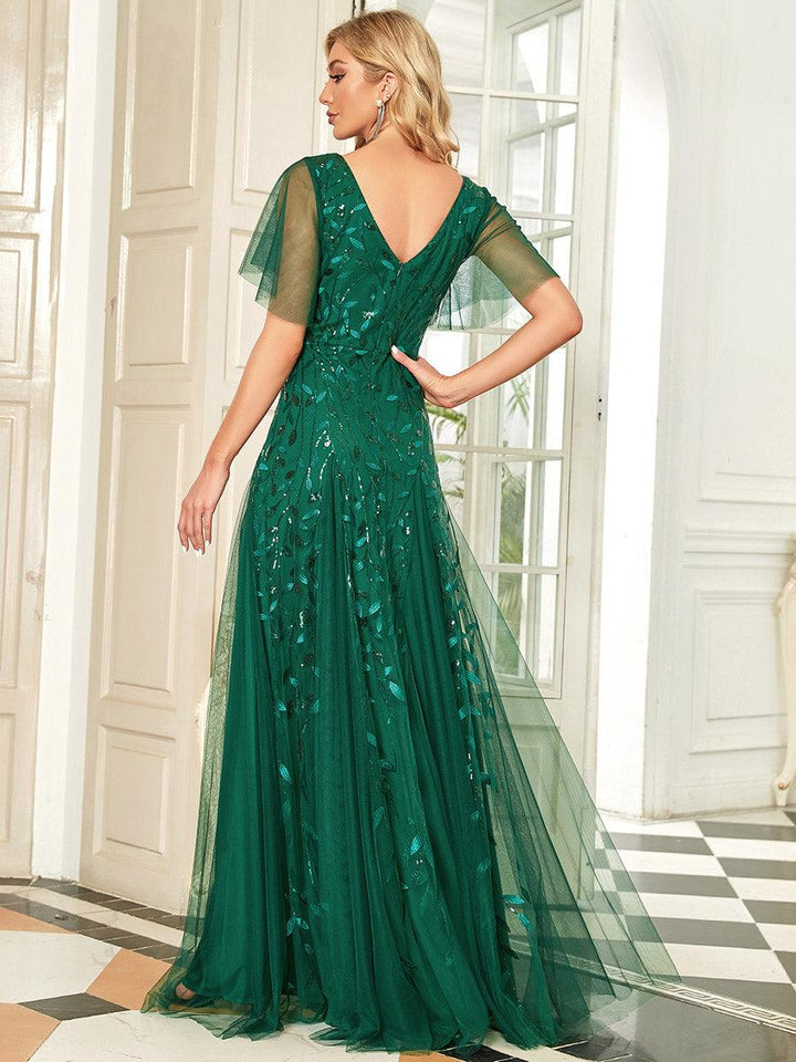 Adèle|Robe de Soirée Longue Romantique et Scintillante à Col V et Pailletes