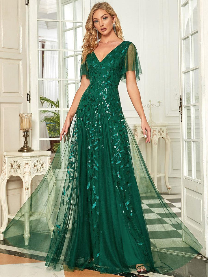 Adèle|Robe de Soirée Longue Romantique et Scintillante à Col V et Pailletes