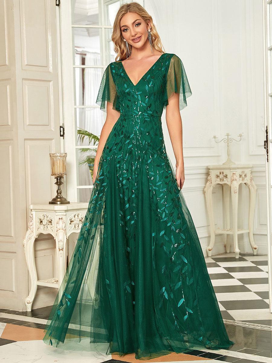 Adèle|Robe de Soirée Longue Romantique et Scintillante à Col V et Pailletes