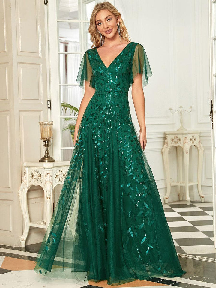 Adèle|Robe de Soirée Longue Romantique et Scintillante à Col V et Pailletes
