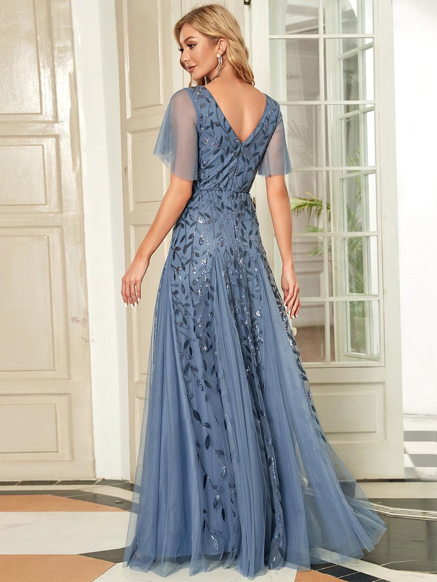 Adèle|Robe de Soirée Longue Romantique et Scintillante à Col V et Pailletes