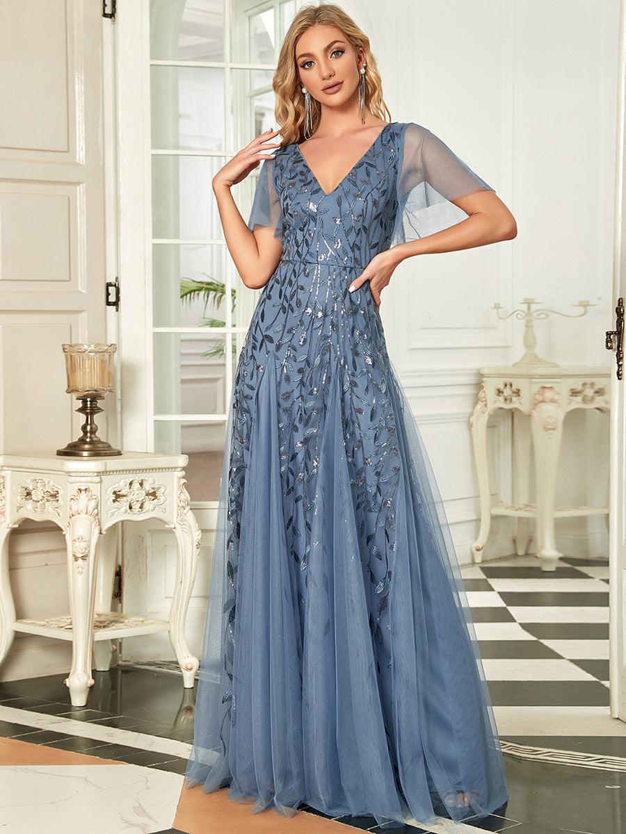 Adèle|Robe de Soirée Longue Romantique et Scintillante à Col V et Pailletes
