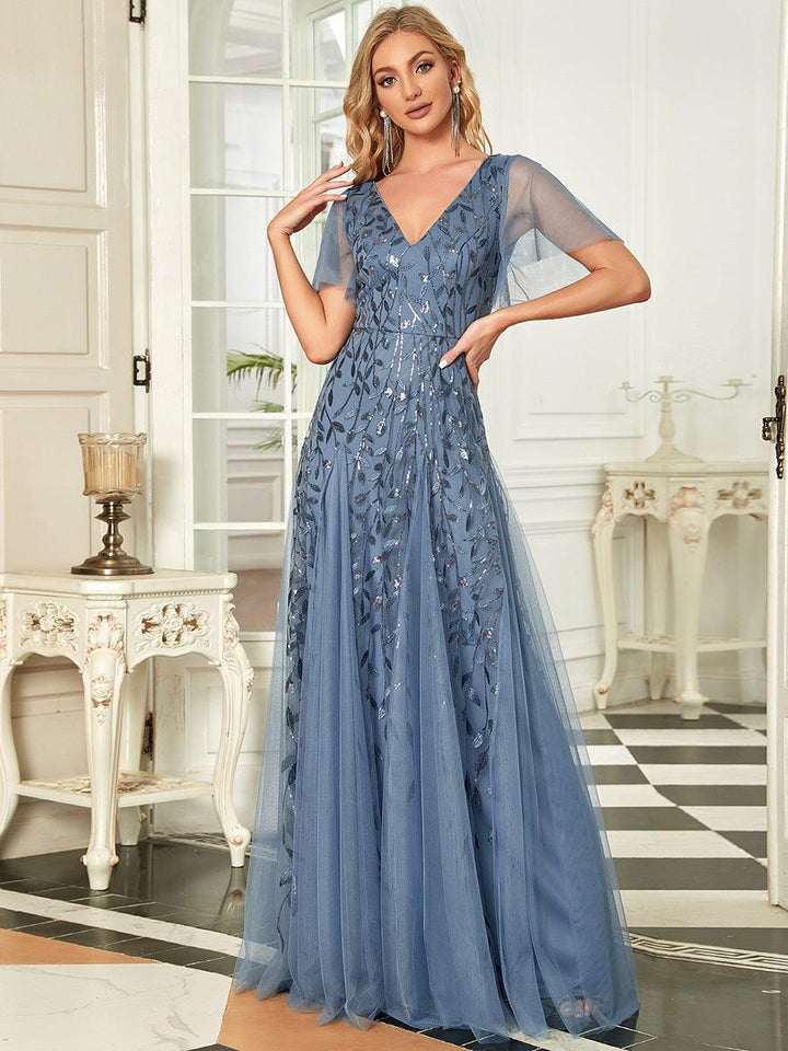 Adèle|Robe de Soirée Longue Romantique et Scintillante à Col V et Pailletes