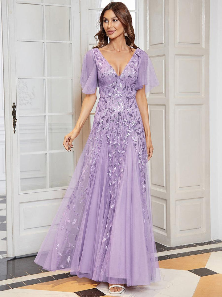Adèle|Robe de Soirée Longue Romantique et Scintillante à Col V et Pailletes