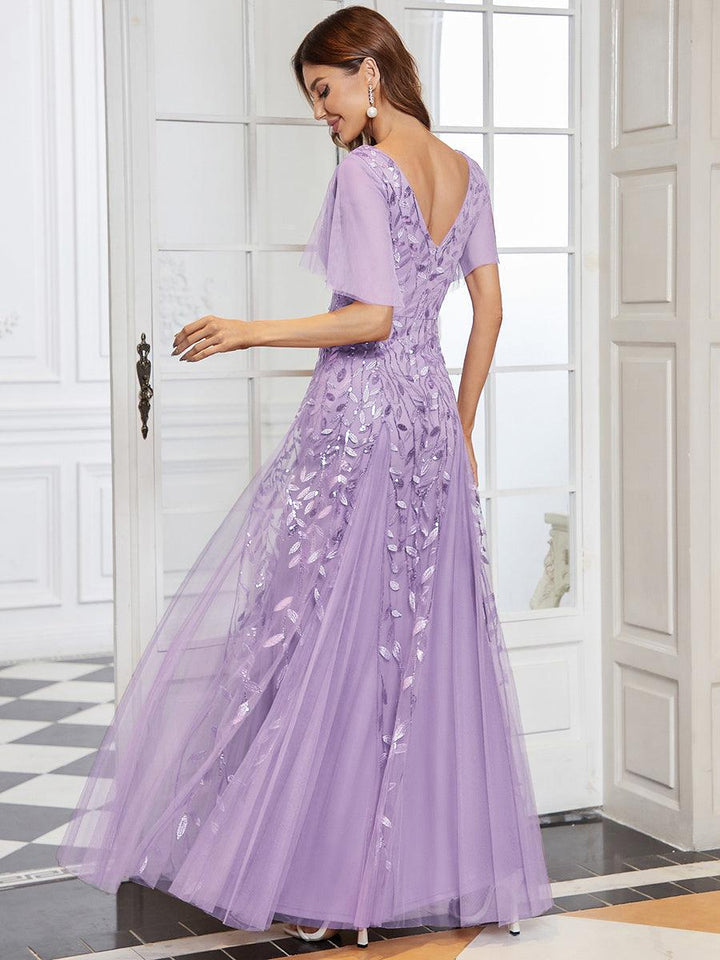 Adèle|Robe de Soirée Longue Romantique et Scintillante à Col V et Pailletes