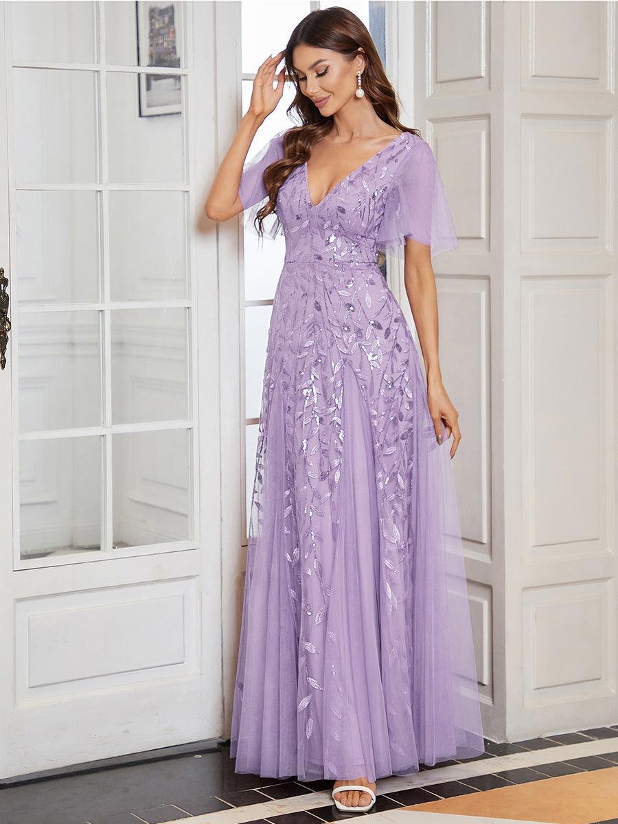 Adèle|Robe de Soirée Longue Romantique et Scintillante à Col V et Pailletes