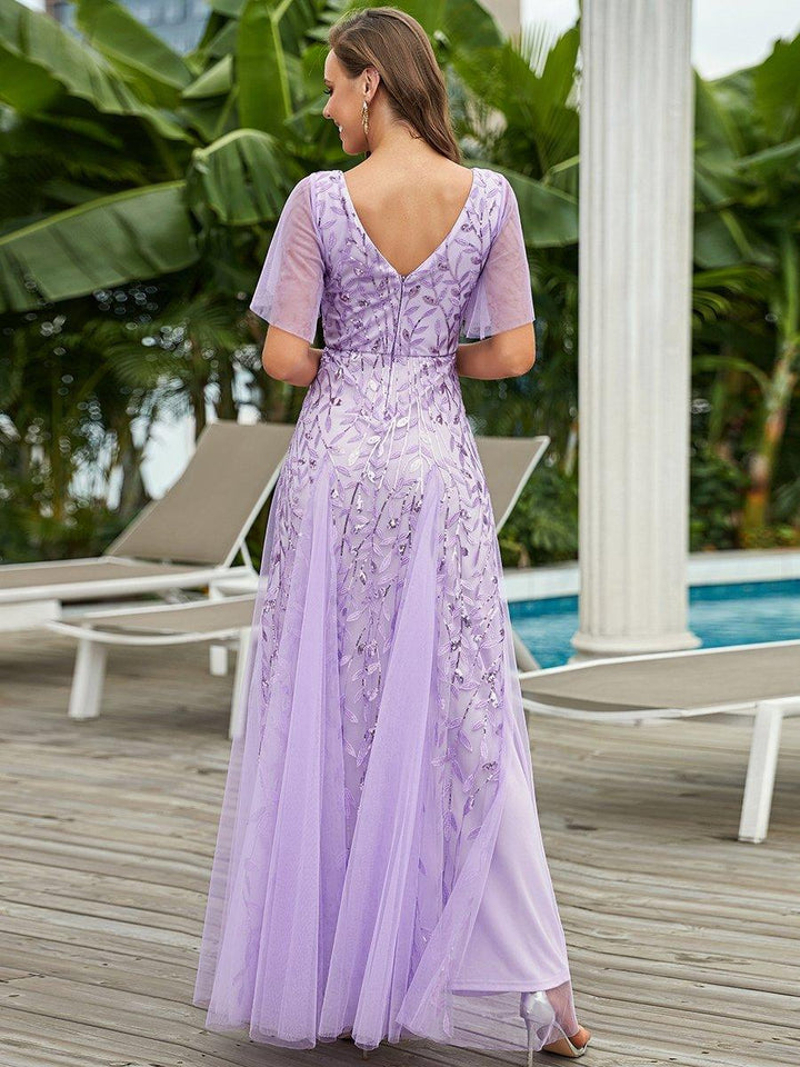 Adèle|Robe de Soirée Longue Romantique et Scintillante à Col V et Pailletes