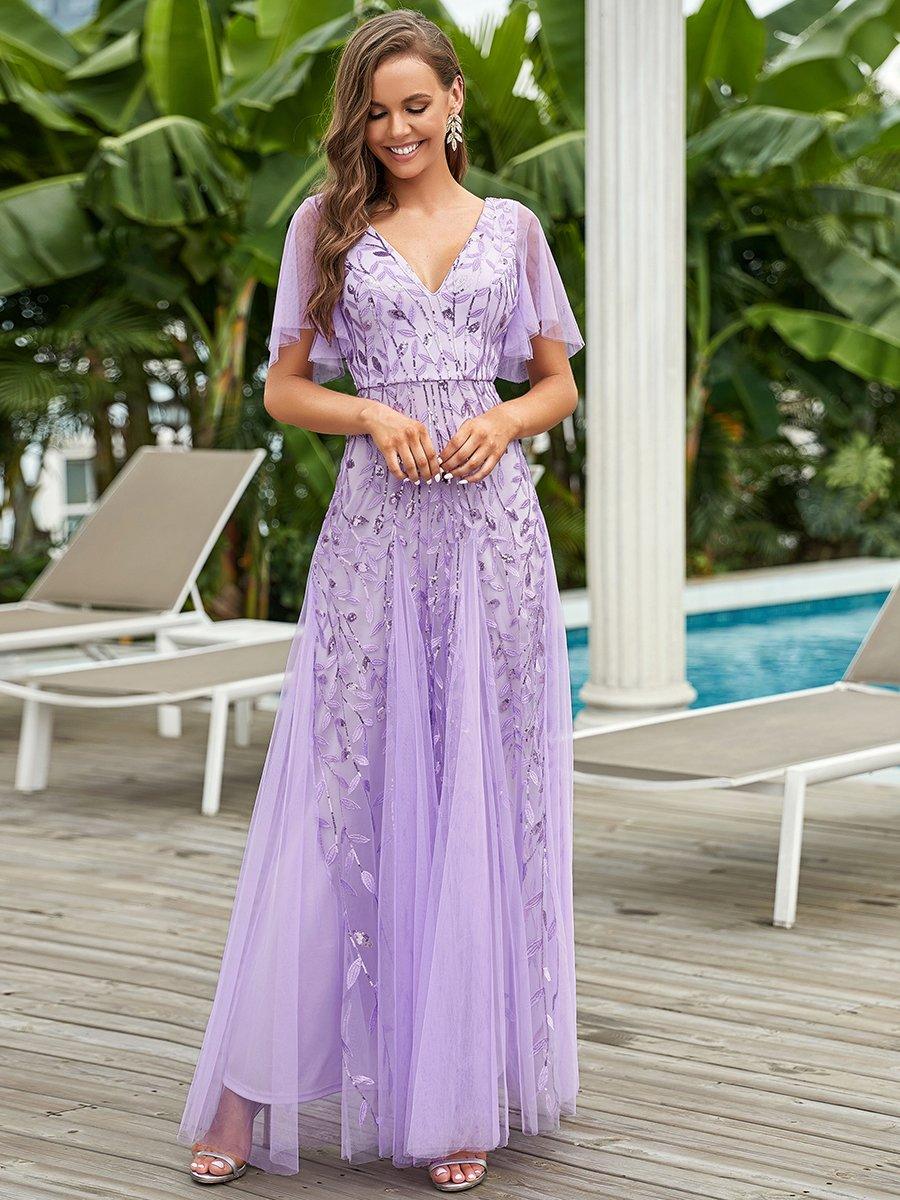 Adèle|Robe de Soirée Longue Romantique et Scintillante à Col V et Pailletes