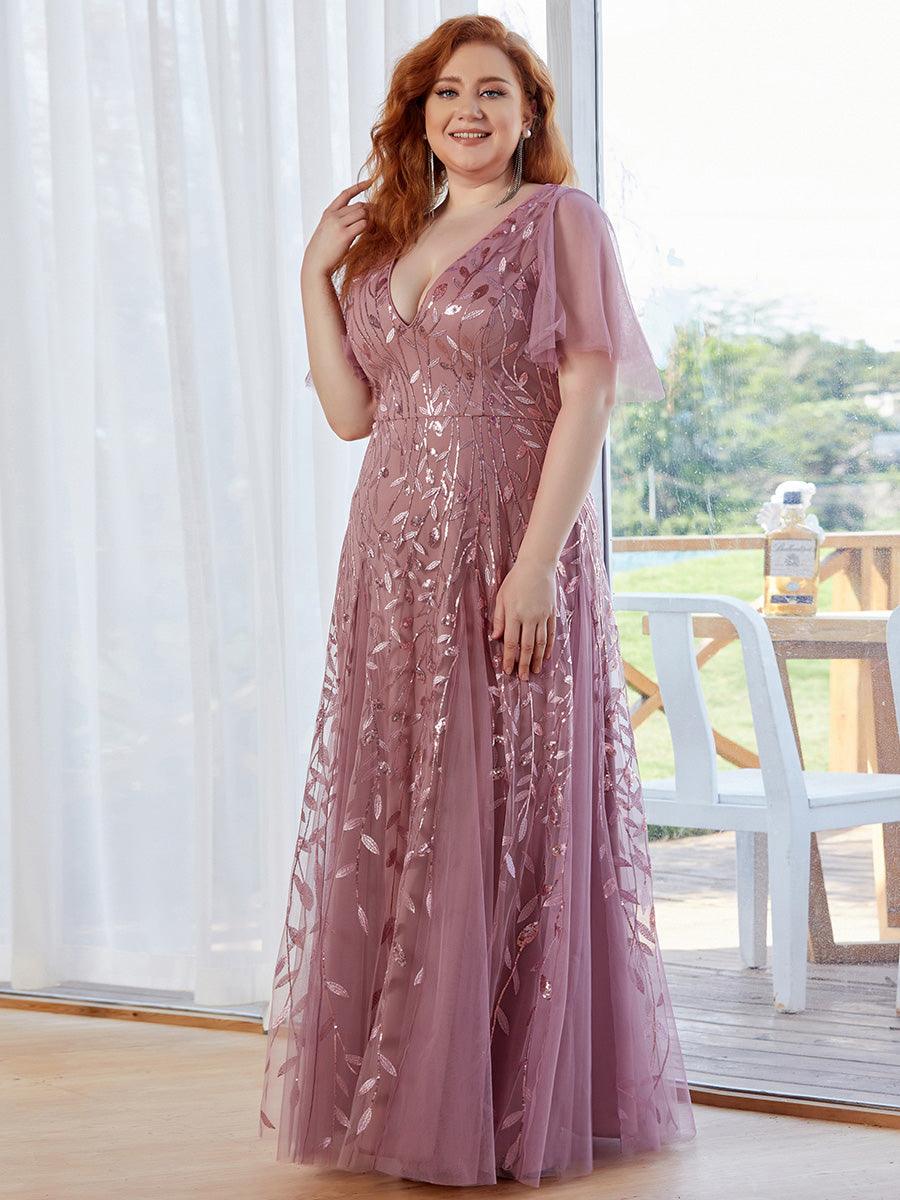Adèle|Robe de Soirée Longue Romantique et Scintillante à Col V et Pailletes