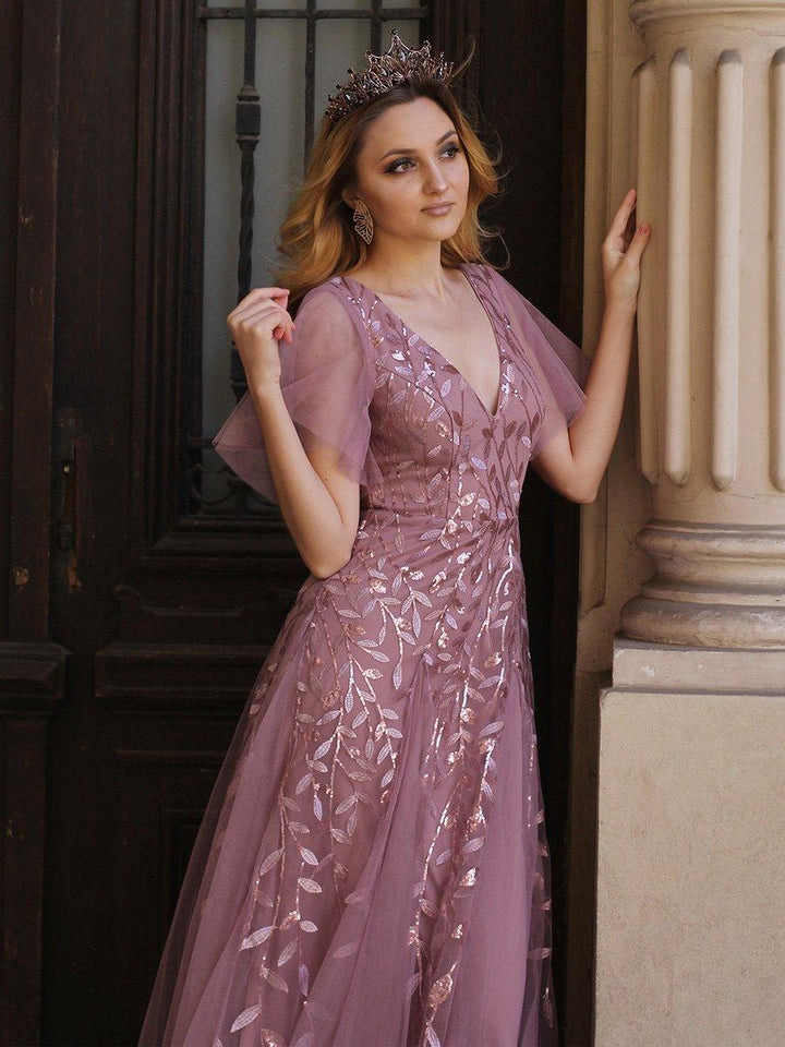 Adèle|Robe de Soirée Longue Romantique et Scintillante à Col V et Pailletes