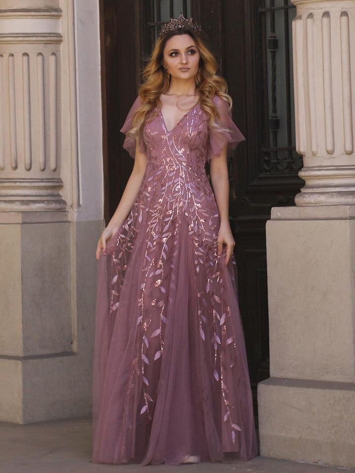 Adèle|Robe de Soirée Longue Romantique et Scintillante à Col V et Pailletes