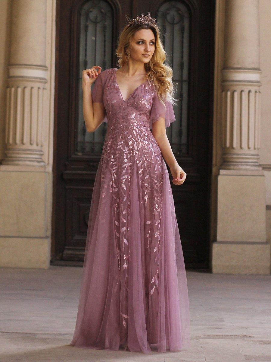 Adèle|Robe de Soirée Longue Romantique et Scintillante à Col V et Pailletes