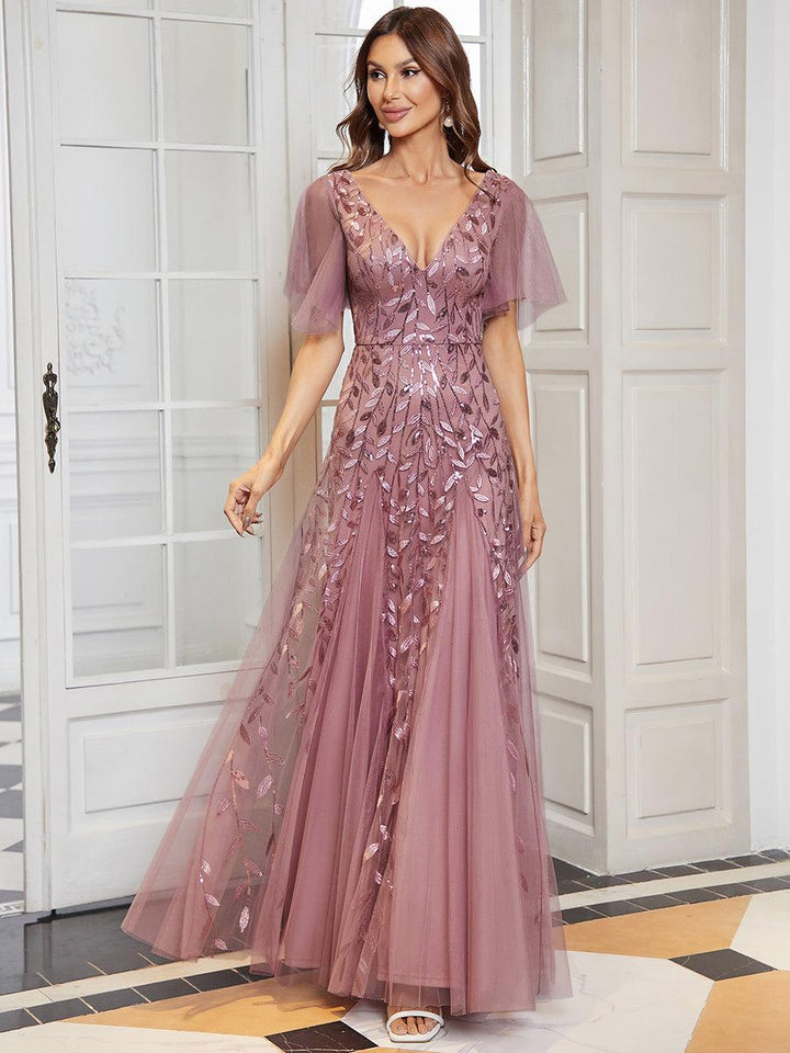 Adèle|Robe de Soirée Longue Romantique et Scintillante à Col V et Pailletes