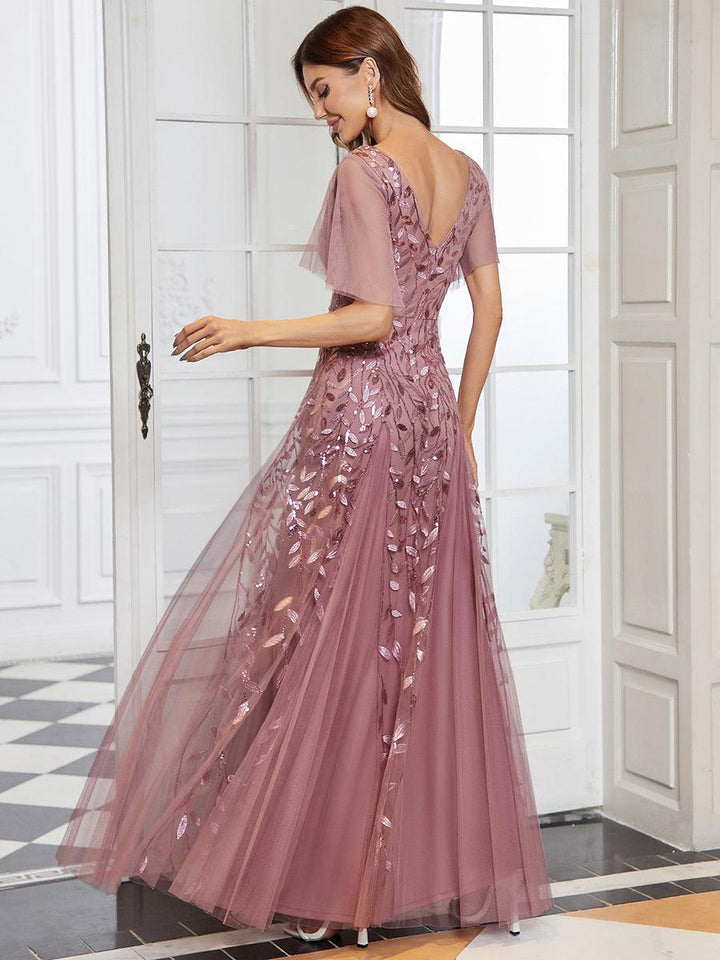 Adèle|Robe de Soirée Longue Romantique et Scintillante à Col V et Pailletes