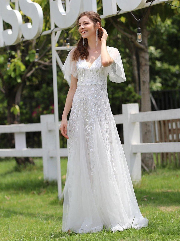 Adèle|Robe de Soirée Longue Romantique et Scintillante à Col V et Pailletes