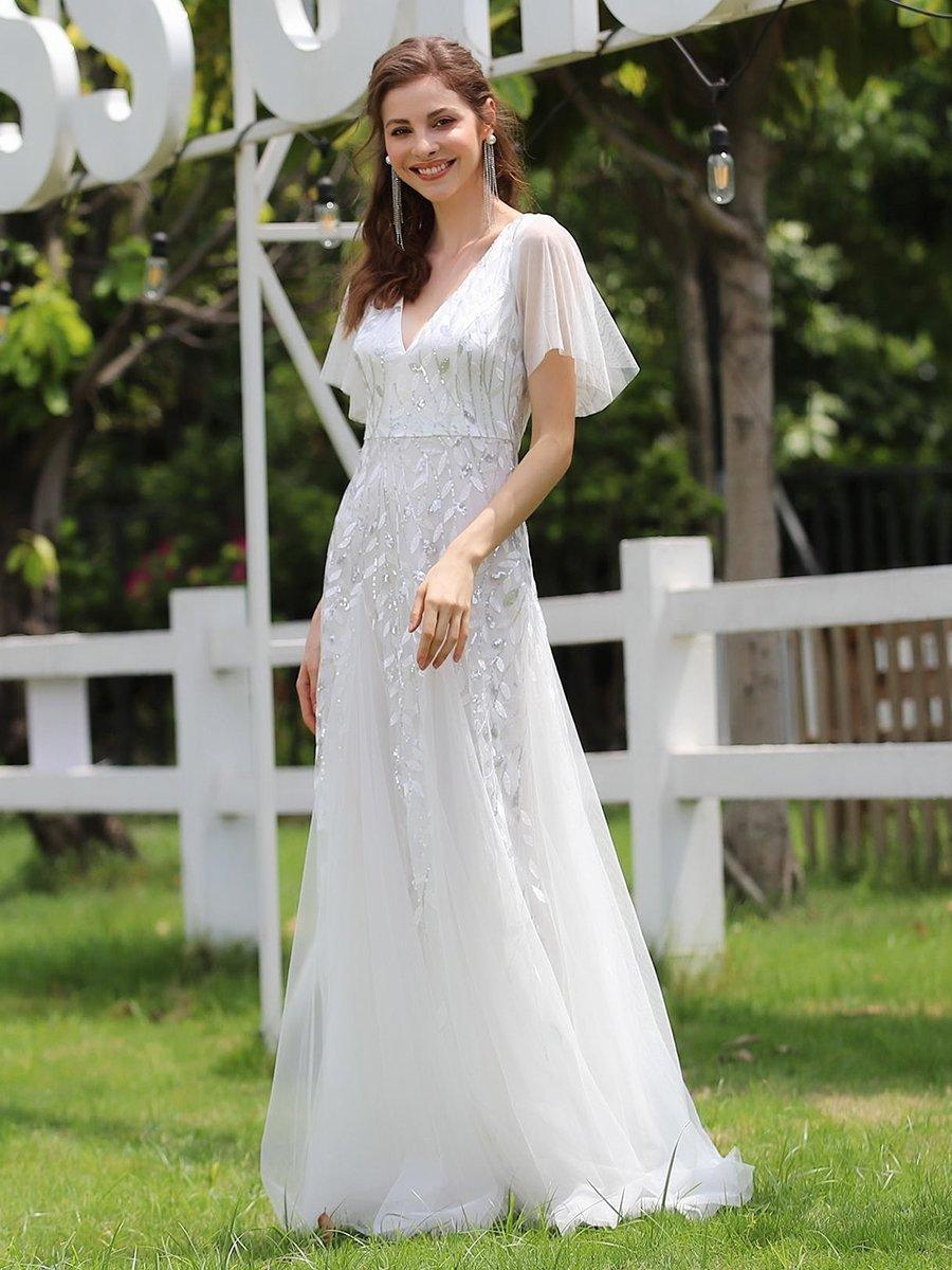 Adèle|Robe de Soirée Longue Romantique et Scintillante à Col V et Pailletes