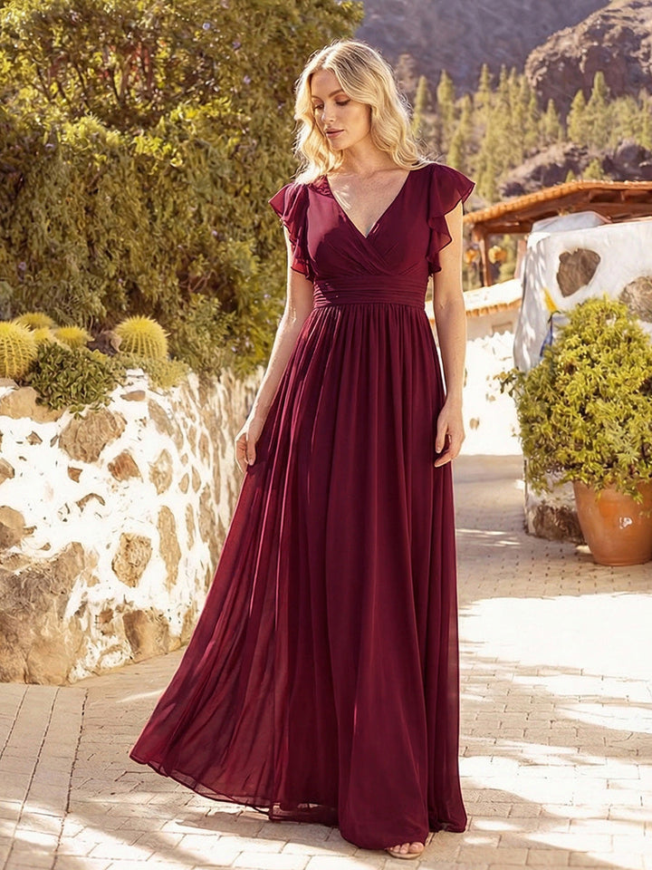 Claire|Robe demoiselle d'honneur en mousseline manches plissées avec découpe au dos