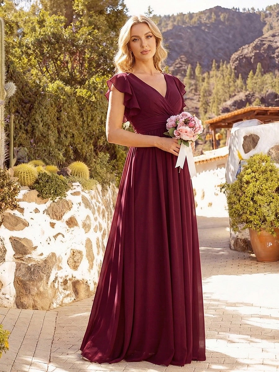 Claire|Robe demoiselle d'honneur en mousseline manches plissées avec découpe au dos