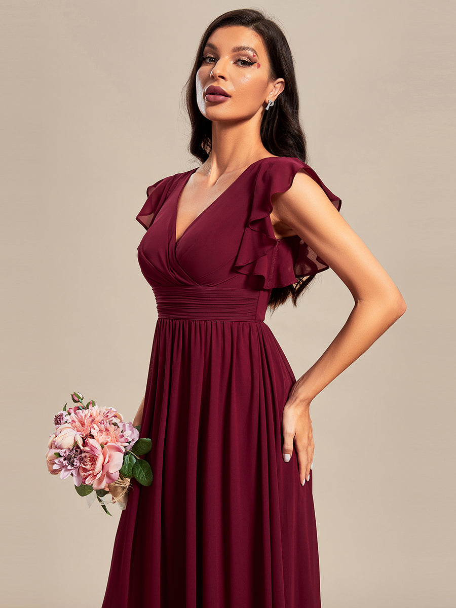Claire|Robe demoiselle d'honneur en mousseline manches plissées avec découpe au dos