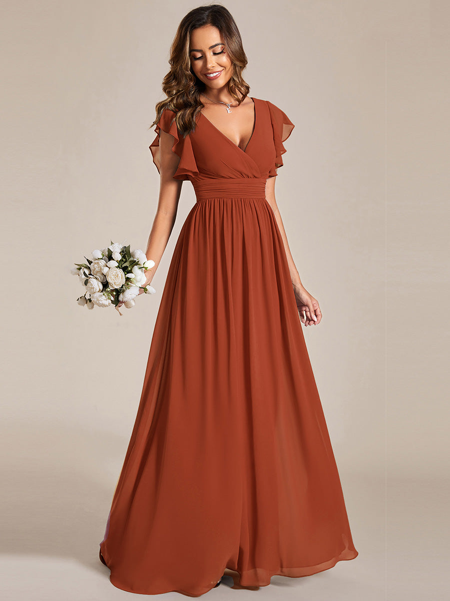 Claire|Robe demoiselle d'honneur en mousseline manches plissées avec découpe au dos