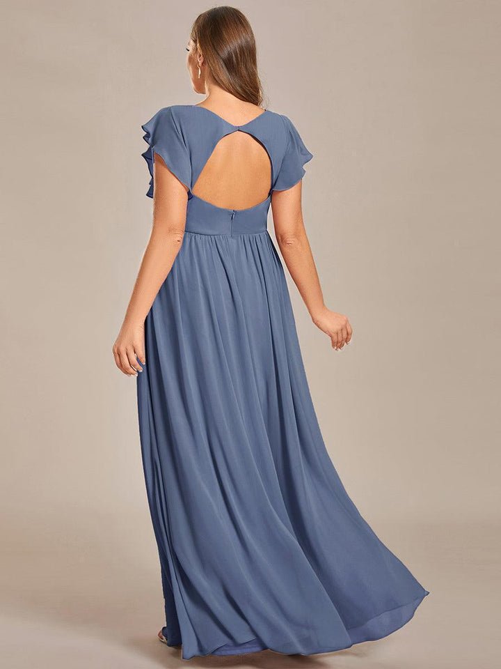 Claire|Robe demoiselle d'honneur en mousseline manches plissées avec découpe au dos