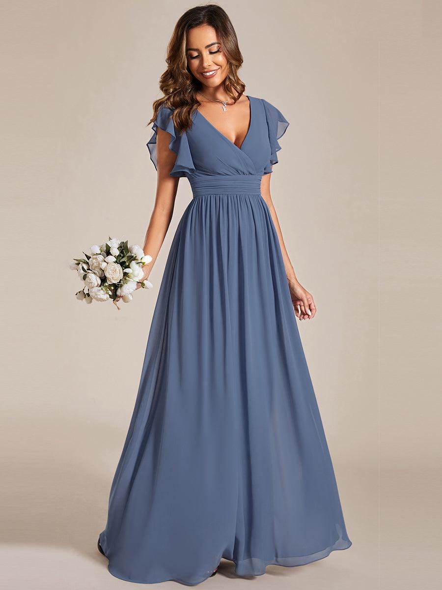 Claire|Robe demoiselle d'honneur en mousseline manches plissées avec découpe au dos