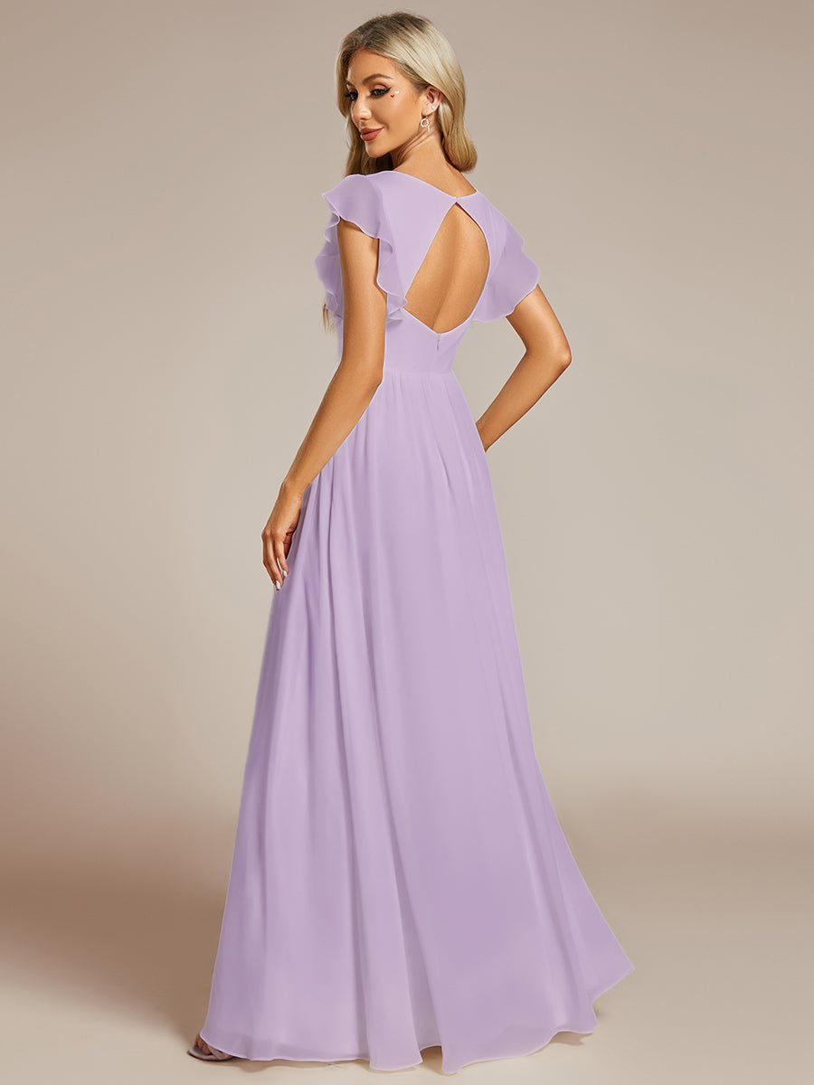 Claire|Robe demoiselle d'honneur en mousseline manches plissées avec découpe au dos