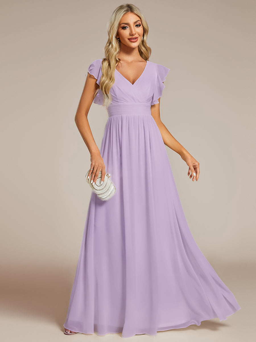 Claire|Robe demoiselle d'honneur en mousseline manches plissées avec découpe au dos
