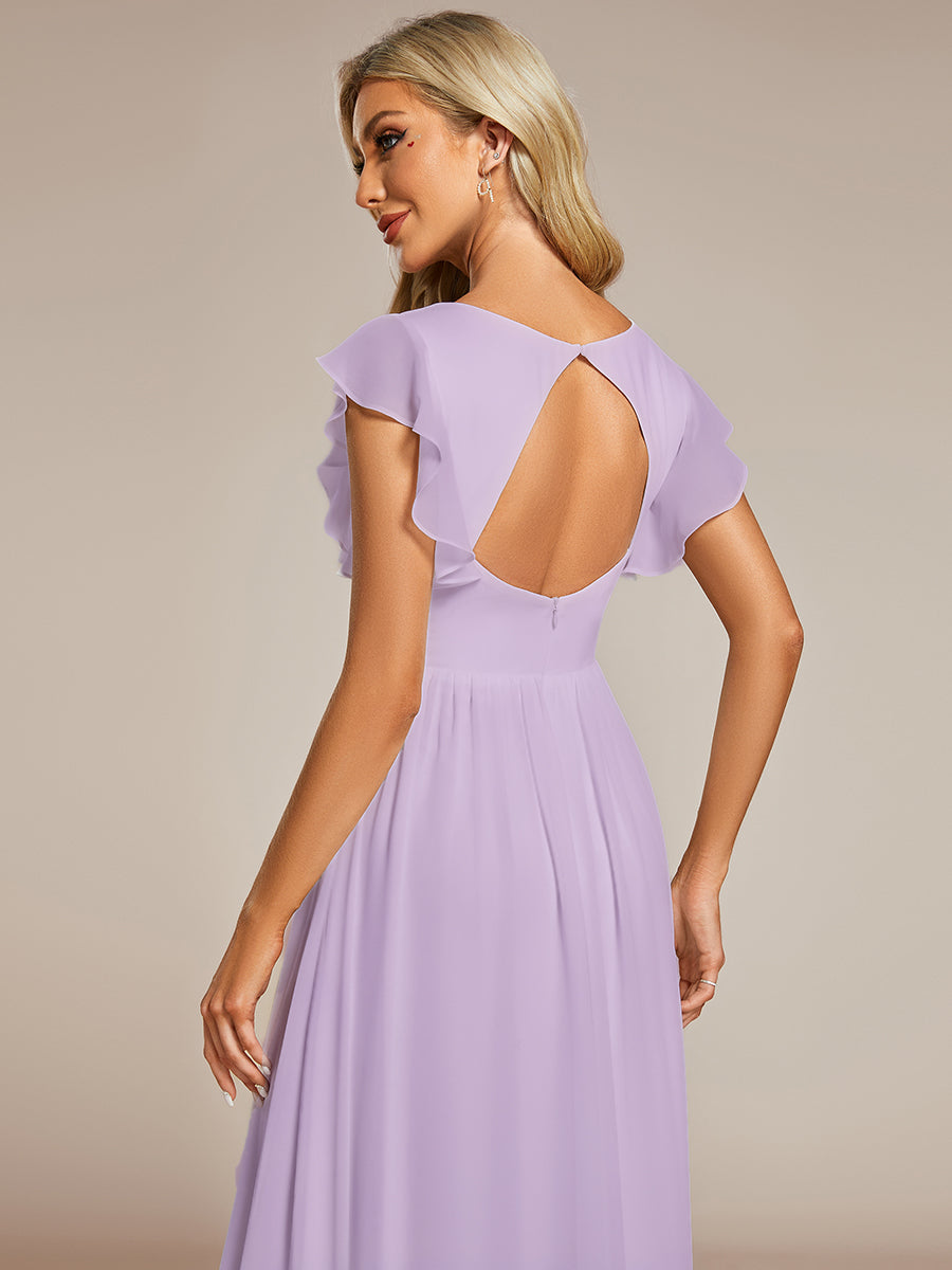 Claire|Robe demoiselle d'honneur en mousseline manches plissées avec découpe au dos