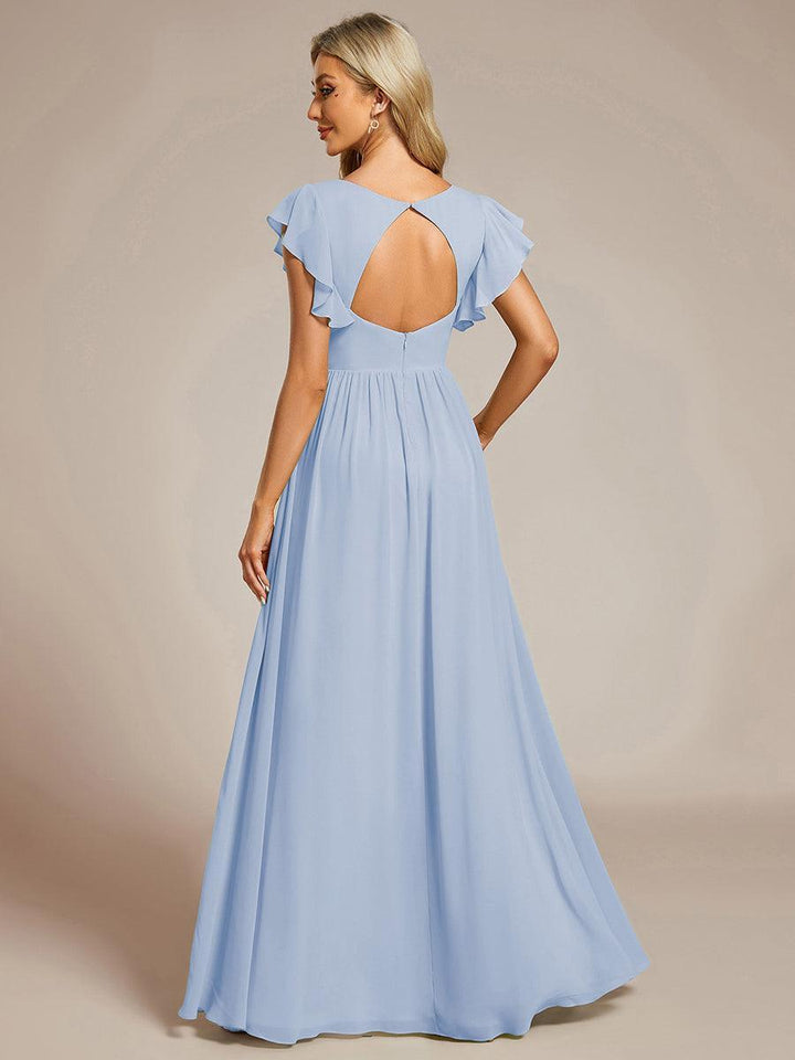 Claire|Robe demoiselle d'honneur en mousseline manches plissées avec découpe au dos