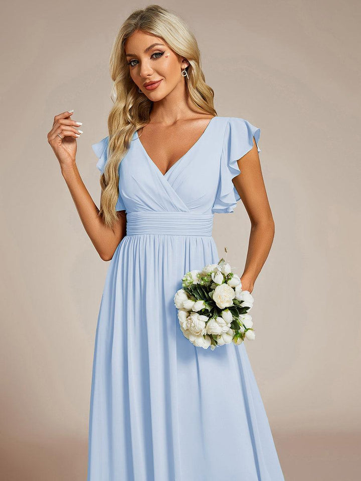 Claire|Robe demoiselle d'honneur en mousseline manches plissées avec découpe au dos