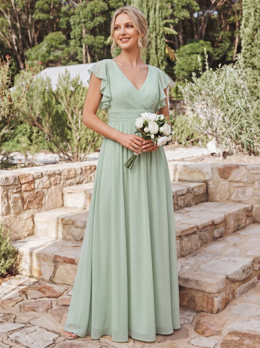 Claire|Robe demoiselle d'honneur en mousseline manches plissées avec découpe au dos
