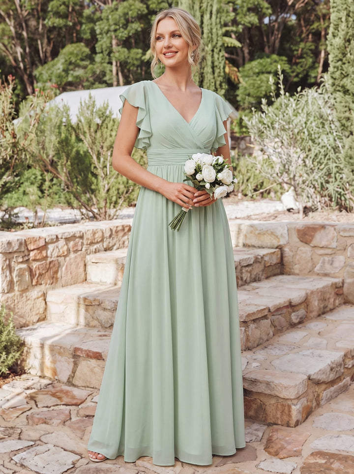 Claire|Robe demoiselle d'honneur en mousseline manches plissées avec découpe au dos