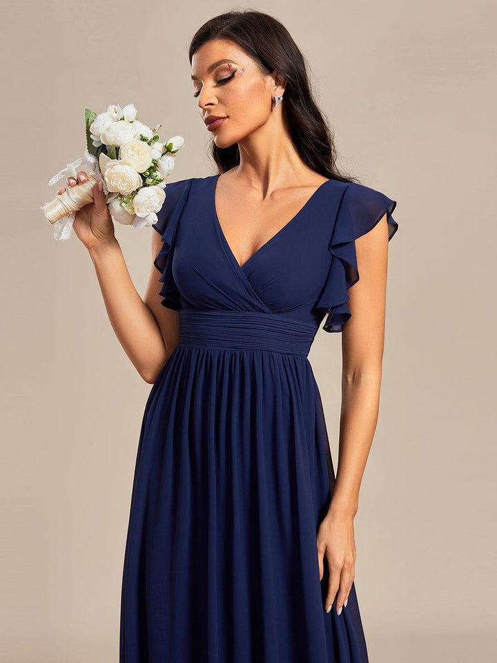 Claire|Robe demoiselle d'honneur en mousseline manches plissées avec découpe au dos