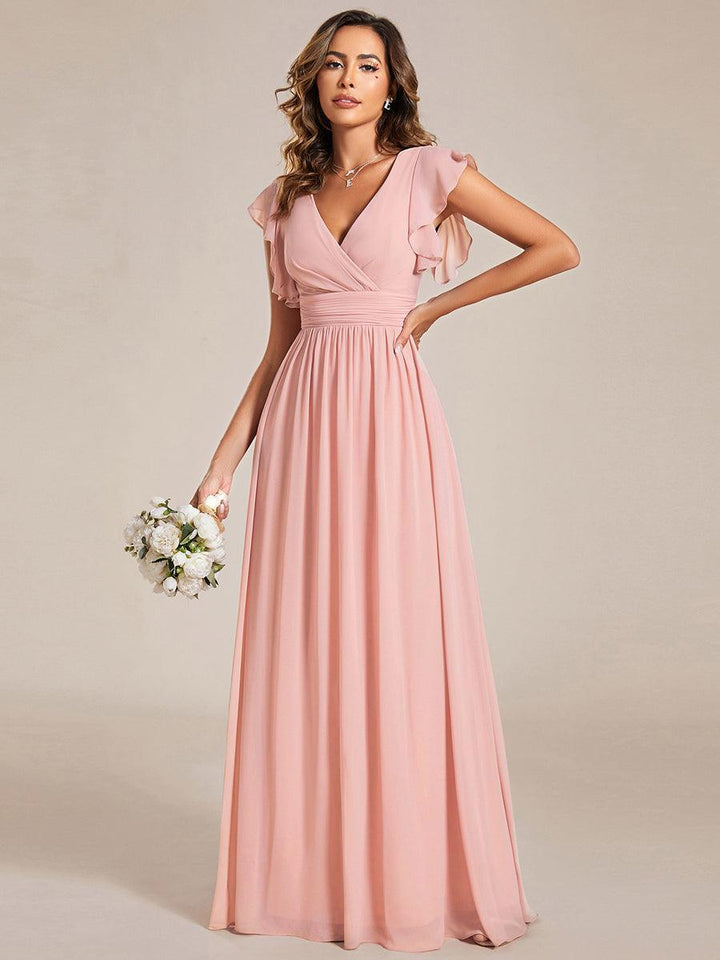 Claire|Robe demoiselle d'honneur en mousseline manches plissées avec découpe au dos