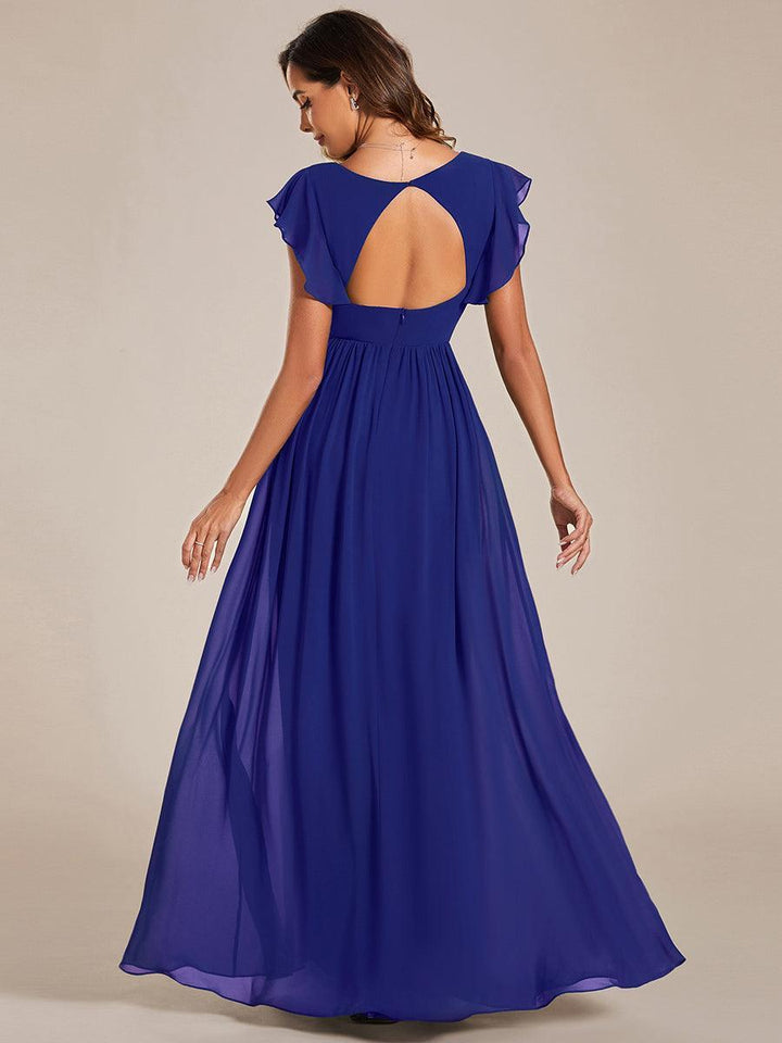 Claire|Robe demoiselle d'honneur en mousseline manches plissées avec découpe au dos