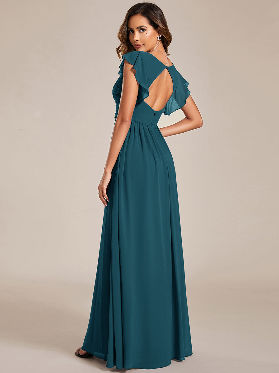 Claire|Robe demoiselle d'honneur en mousseline manches plissées avec découpe au dos