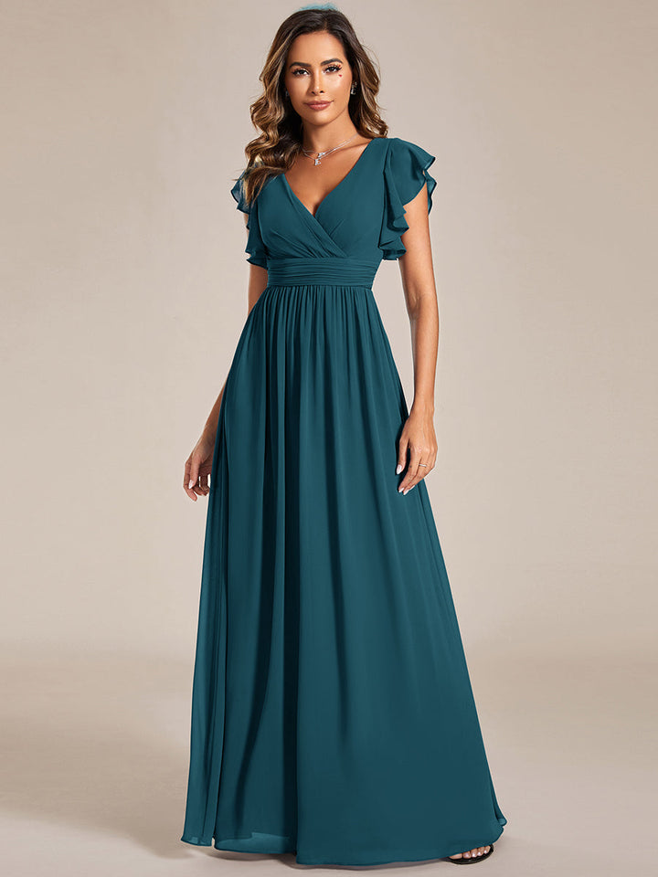 Claire|Robe demoiselle d'honneur en mousseline manches plissées avec découpe au dos