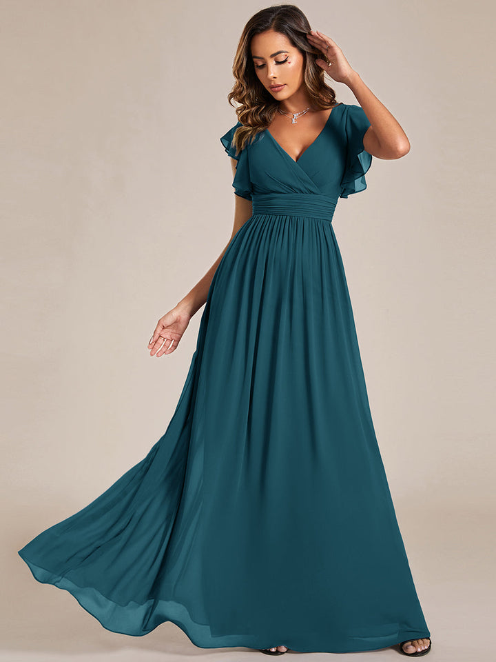 Claire|Robe demoiselle d'honneur en mousseline manches plissées avec découpe au dos