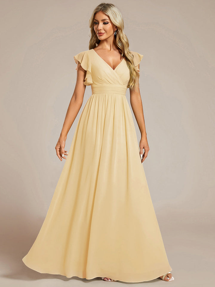 Claire|Robe demoiselle d'honneur en mousseline manches plissées avec découpe au dos