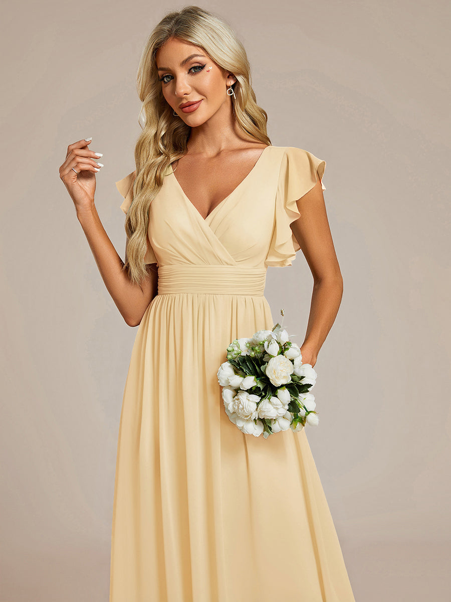 Claire|Robe demoiselle d'honneur en mousseline manches plissées avec découpe au dos